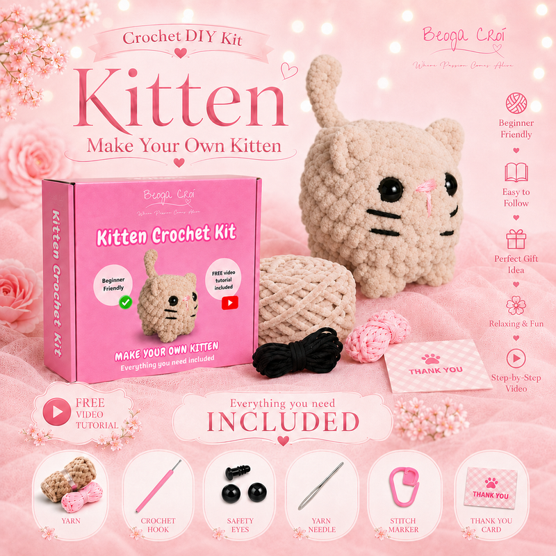 Beginner Crochet Kit, DIY Kitten Amigurumi Kit With Video Tutorial