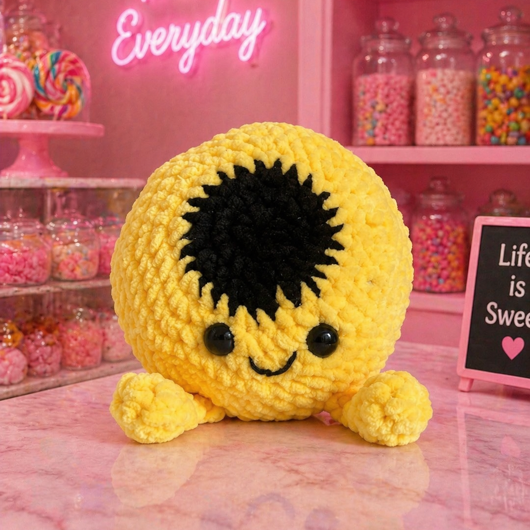 Yellow plush toy with a black center in a candy-themed store.