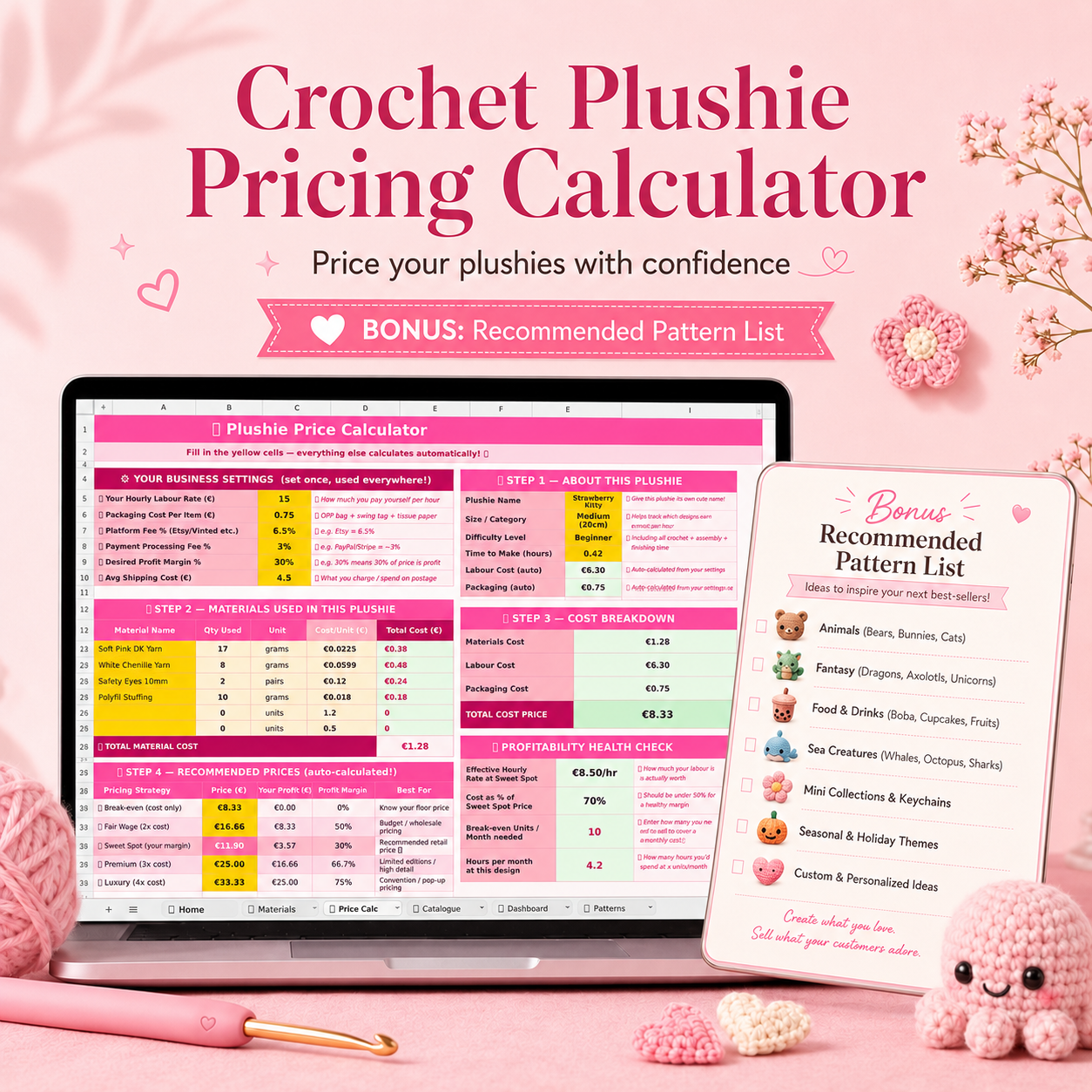 Crochet Plushie Pricing Calculator | Amigurumi Profit Tracker Spreadsheet