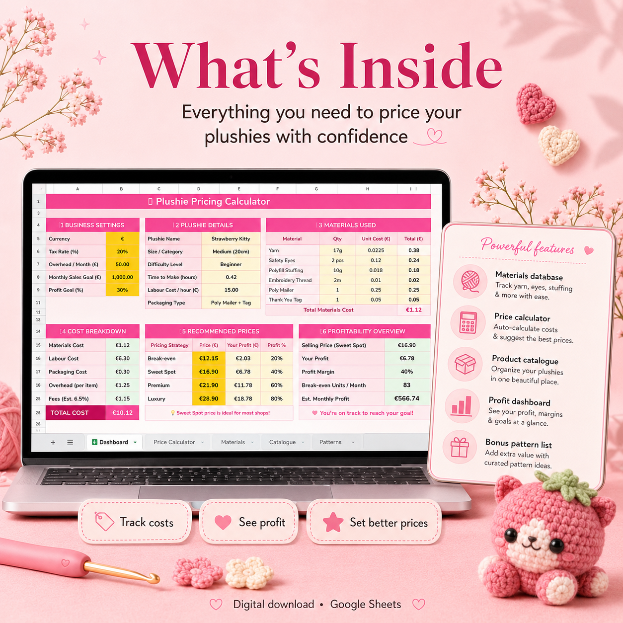 Crochet Plushie Pricing Calculator | Amigurumi Profit Tracker Spreadsheet